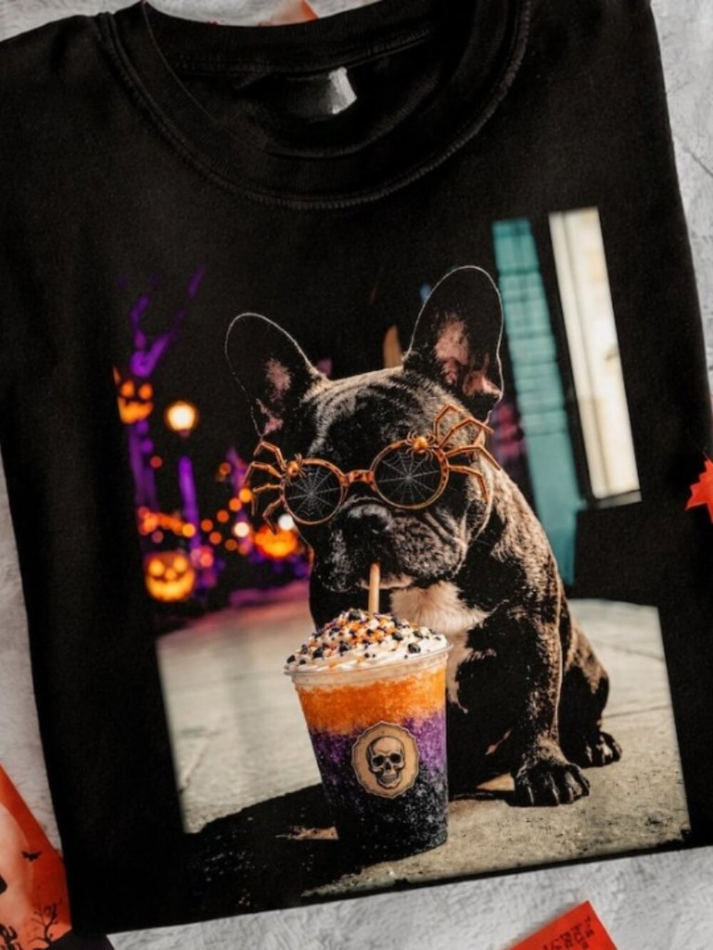 Halloween French Bulldog Drinking Coffee Slush Gildan T-Shirt